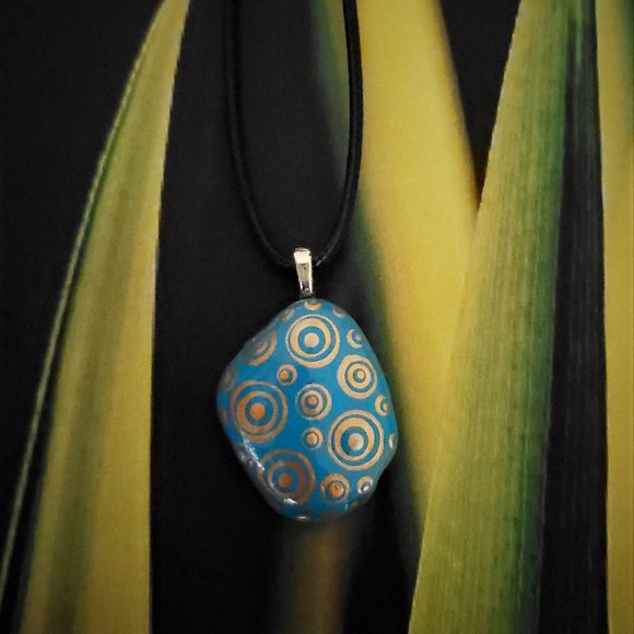 Hand Painted Dot Art Pendant, Turquoise and Gold - Picture 10 of 12